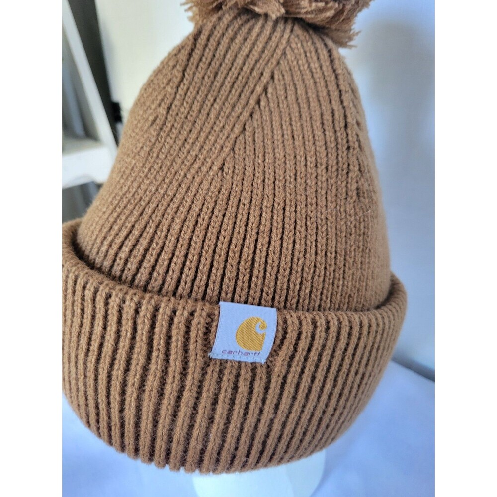 Carhartt Women’s Knit Pom-Pom Cuffed Beanie Rust Brown - Picture 2 of 6